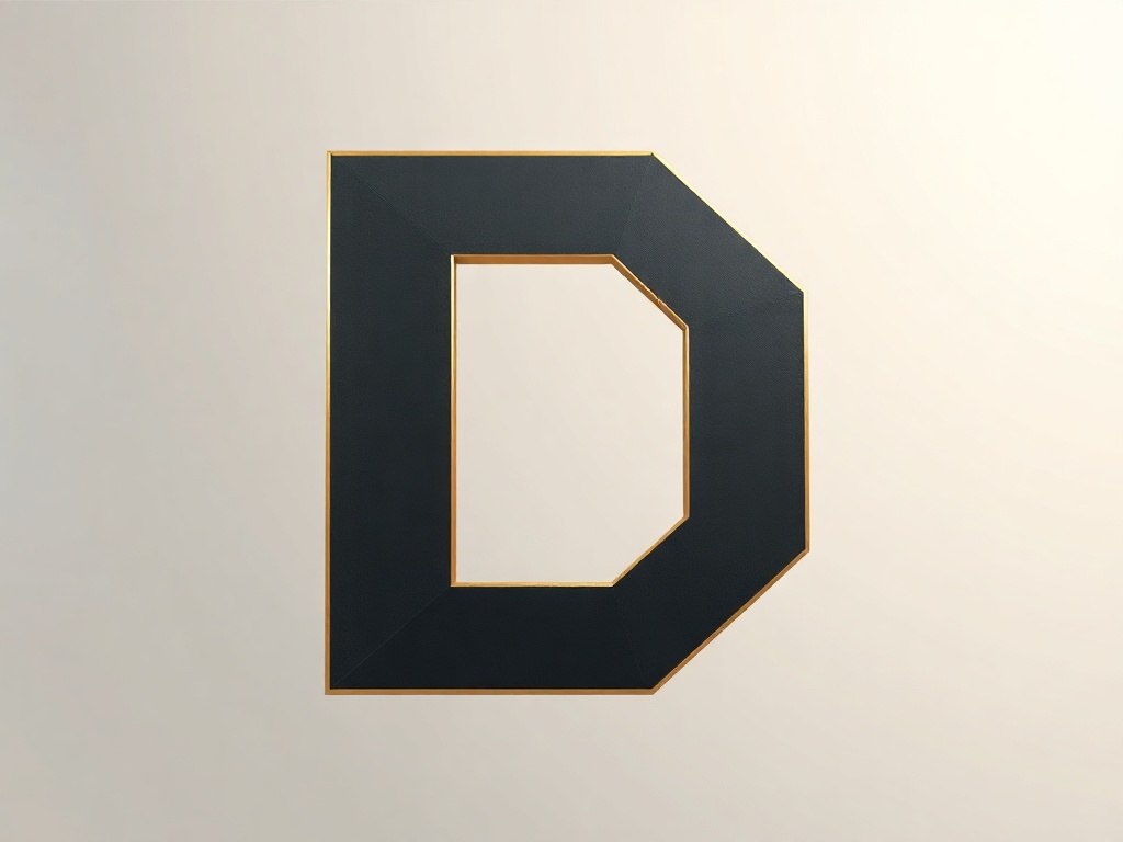 Abstract geometric shapes forming a stylized letter 'D', metallic gold and dark gray, clean lines, minimalistic, 8k photorealistic render on a soft gradient background